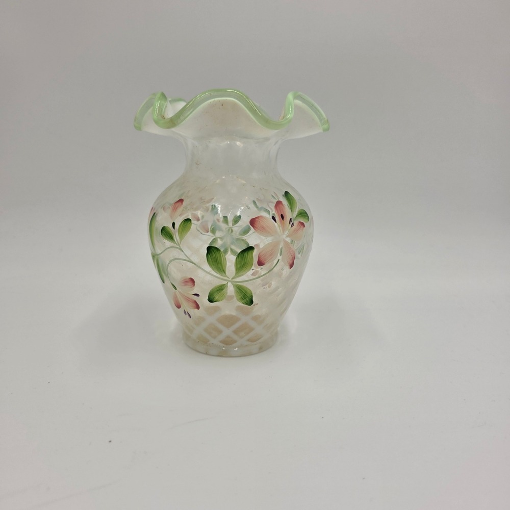 Fenton Handpainted Glass Vase Floral Ruffled Green Rim Collectible